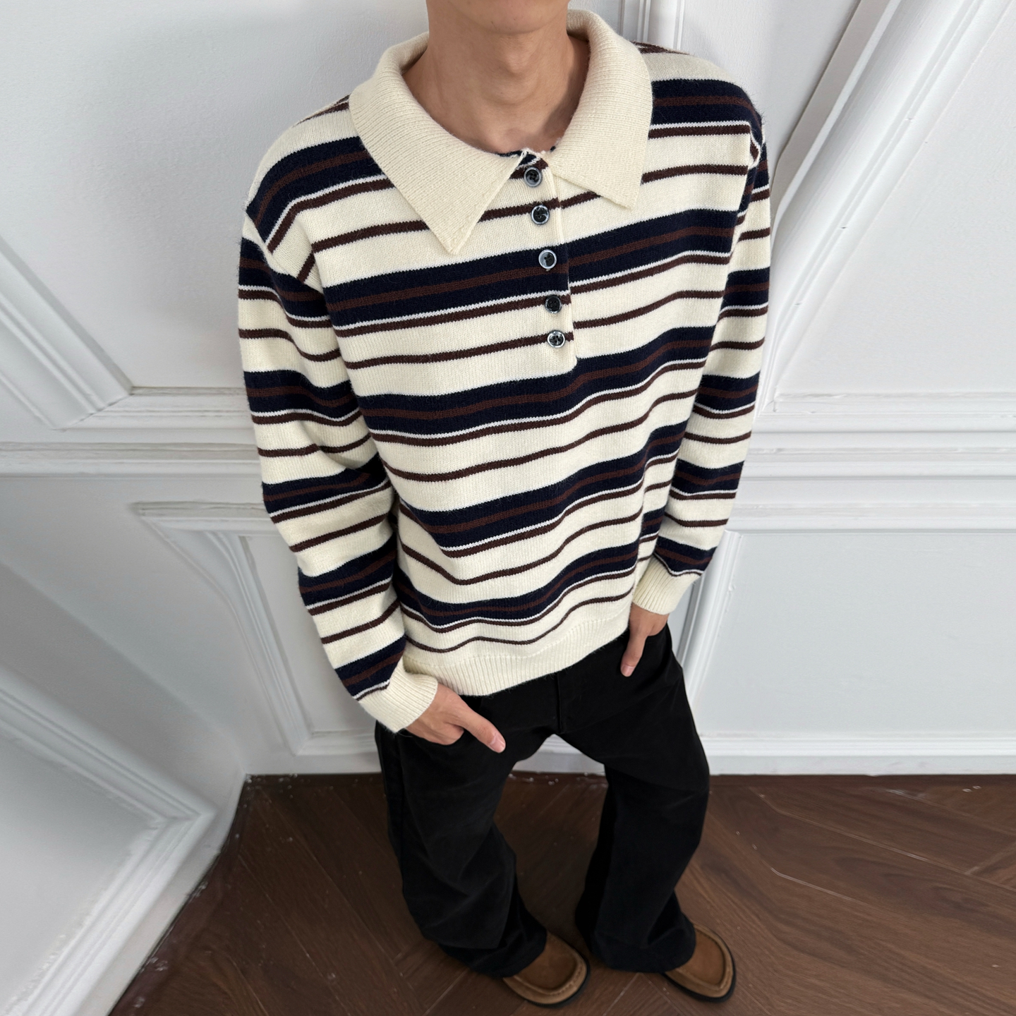 撞色条纹cleanfit翻领毛衣