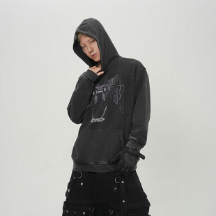 美式复古水洗做旧狗头印花连帽卫衣男宽松潮牌痞帅嘻哈设计感上衣