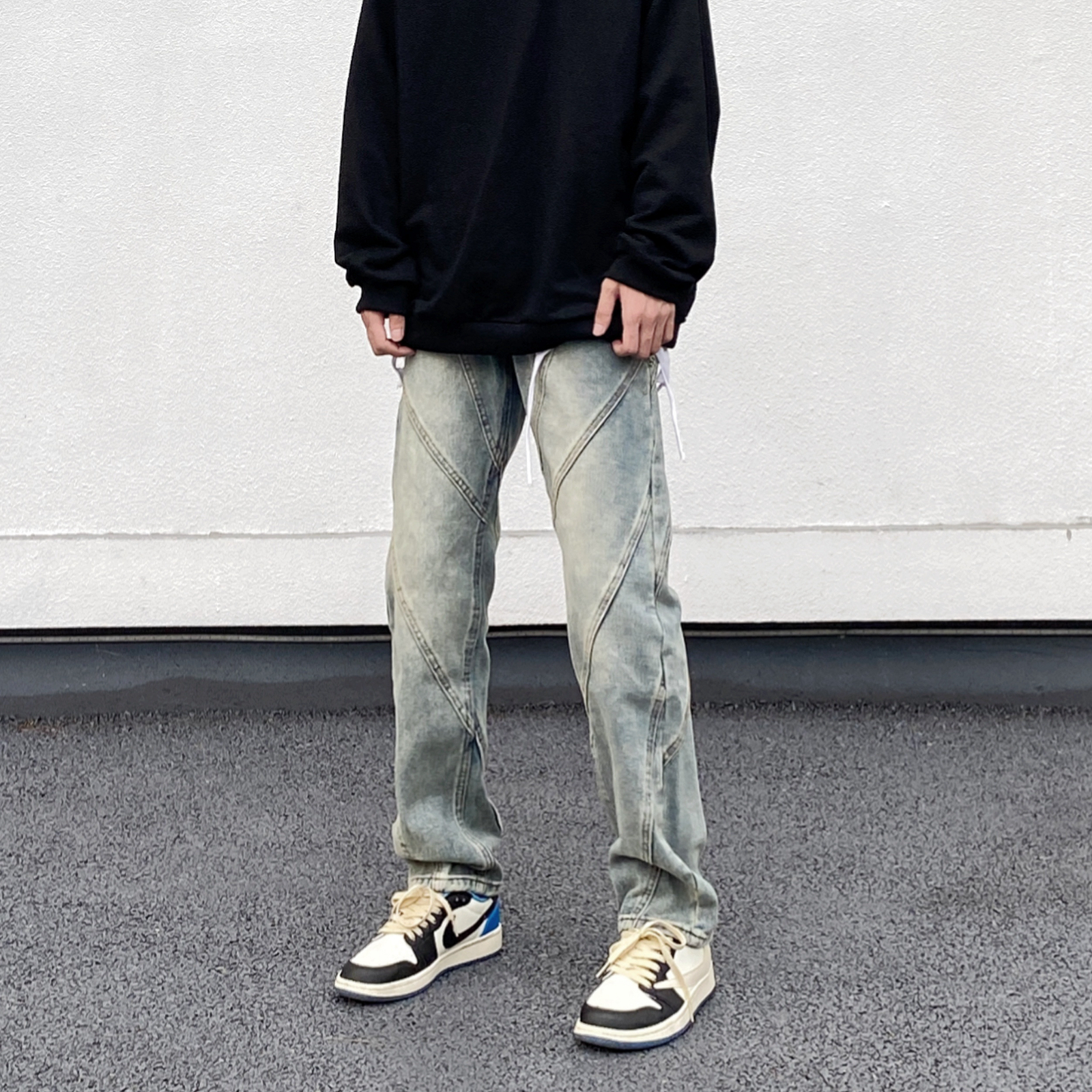 高街美式复古水洗做旧显瘦牛仔裤