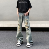 子 男宽松直筒潮牌痞帅微喇叭设计感裤 美式 复古水洗做旧破洞牛仔裤