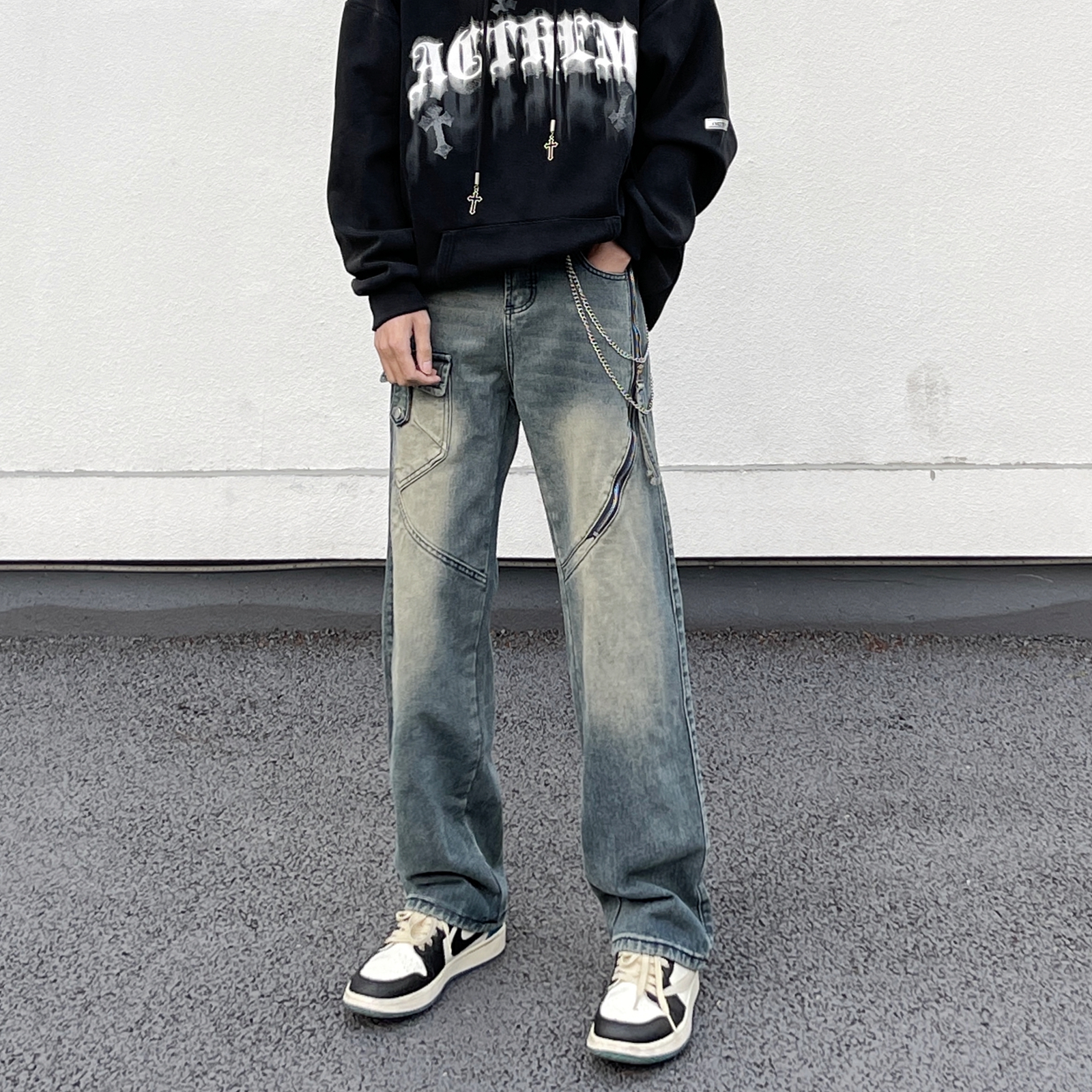 高街美式hiphop水洗做旧牛仔裤男宽松直筒复古垂坠感拉链潮牌裤子