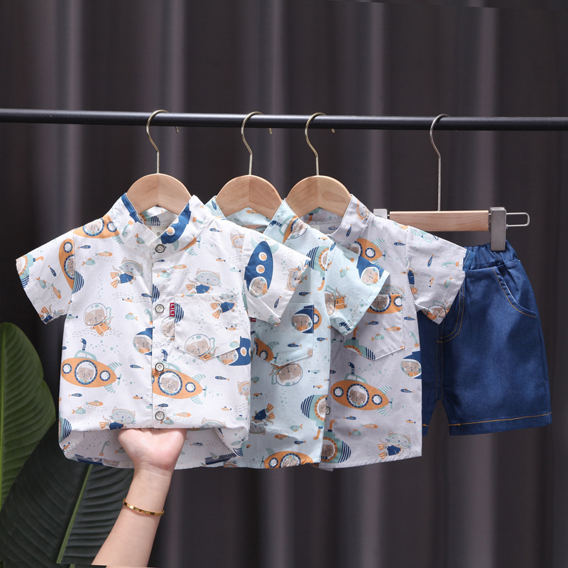 儿童套装衬衫男童短袖衬衣牛仔裤两件套卡通男童棉衬衫2024夏