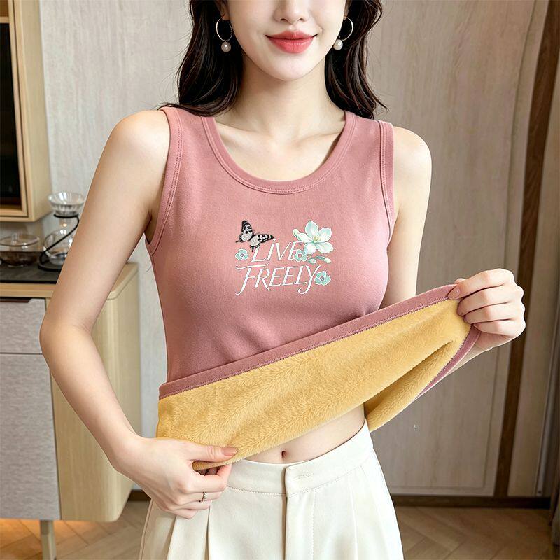 秋冬季加绒加厚吊带背心女内搭印花小t上衣女打底衫简约保暖内衣