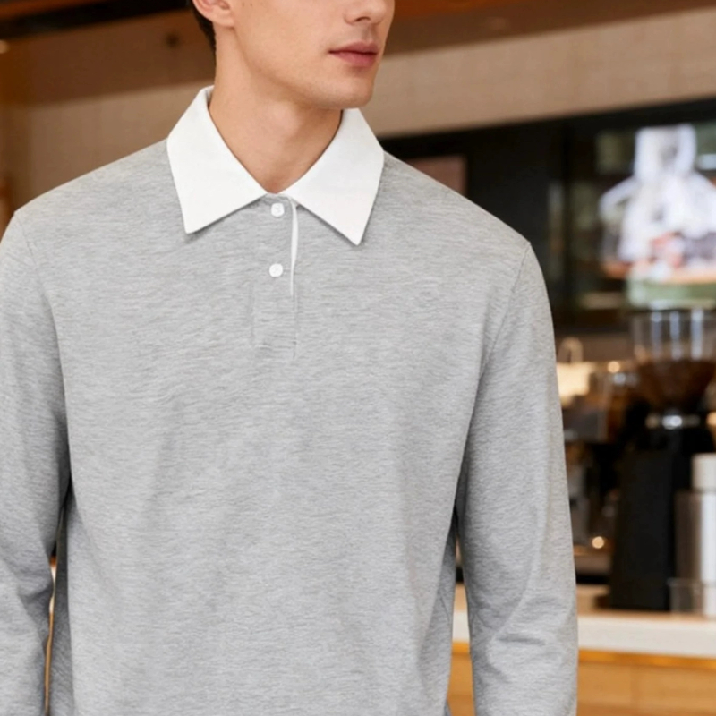 【新贵风】竹节肌理叠穿假两件polo领长袖复古老钱撞色老钱上衣潮