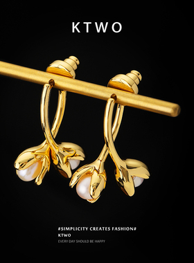 新款k金色花苞珍珠耳环女气质时尚后挂式耳钉设计925纯银针耳饰品