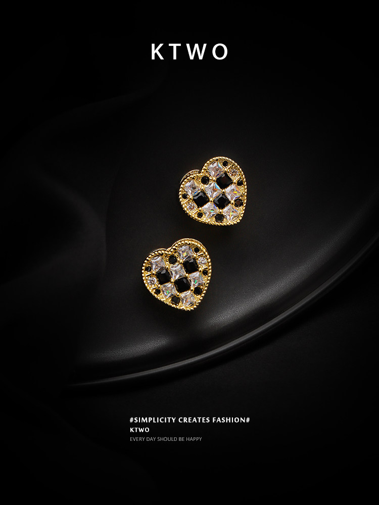 棋盘格双面爱心耳环女气质小众设计感k金色镶钻轻奢高级耳钉耳饰,饰品/流行首饰/时尚饰品新,耳钉,淘宝优惠券,粉丝福利购,淘宝优惠卷