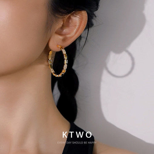 欧式新款时尚大耳圈耳环女小众k金色超闪锆石性感设计百搭耳饰品