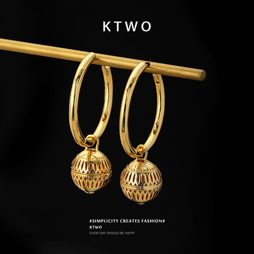 欧式中古风小金球灯笼耳坠耳环女小众时尚设计k金色大耳圈耳饰品