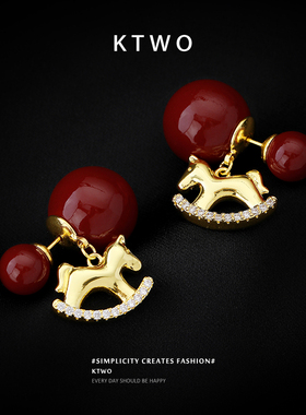 2026k金色小马耳坠耳钉女小众轻奢925银针时尚红色圆球耳环耳饰品