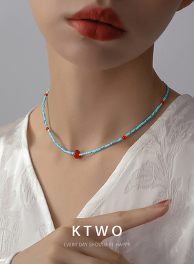 国潮新中式绿松石串珠项链女小众高档红玛瑙设计民族风时尚锁骨链