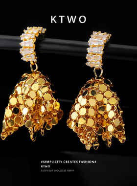 爆闪亮片珍珠耳坠耳环女小众夸张裙摆设计时髦轻奢k金色耳钉耳饰