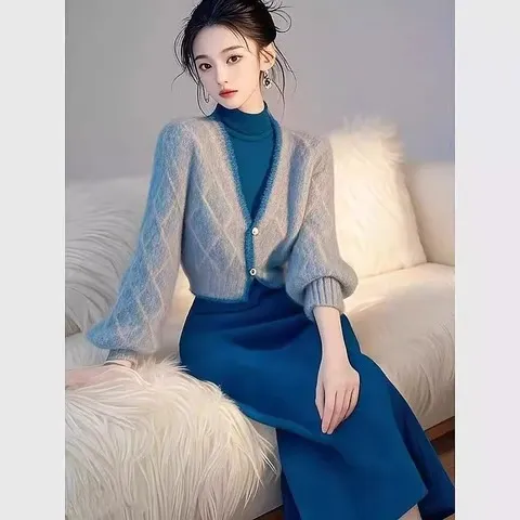 新款一整套连衣裙针织开衫两件套装女洋气穿搭时尚轻熟入冬2024年