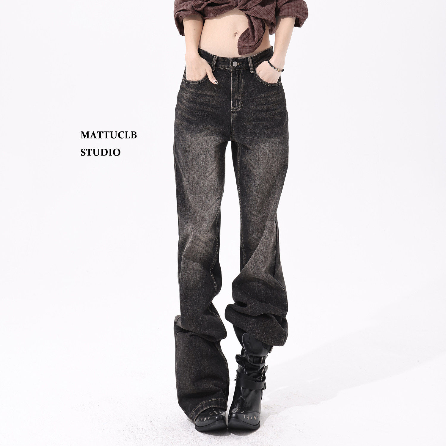 MATTUCLB碳茶色微喇牛仔裤女秋冬设计感小众修身低腰美式辣妹长裤