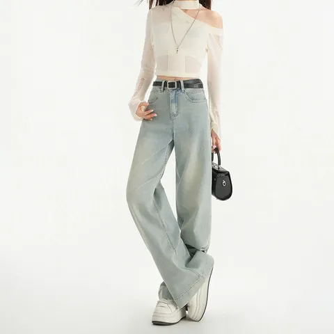 显瘦新款美式宽松拖地浅色牛仔裤女春季直筒2026窄版高腰阔腿裤子