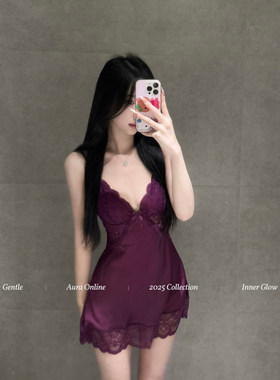 aura*鸢尾梦黯 气质紧身小妈感吊带睡裙系带收腰性感显瘦缎面睡衣