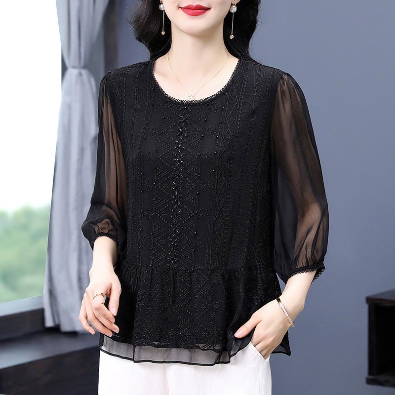 真丝上衣女2025新款夏季高端黑色刺绣收腰显瘦洋气衬衫