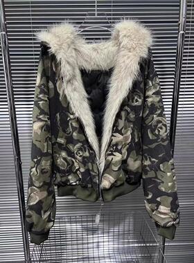 美式复古迷彩毛领夹克棉服男款加厚小众设计感座山雕连帽外套