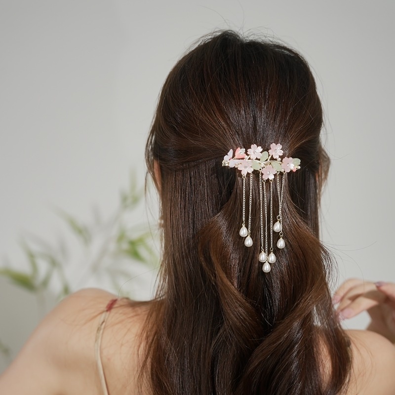 超仙粉色花朵发夹古装简约流苏珍珠半扎弹簧夹发卡汉服旗袍头饰品