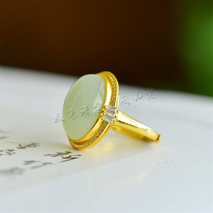 新疆天然和田玉且末蓝蛋面925银戒指女款玉石镶嵌指环可调节戒圈