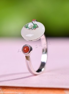 新疆天然和田玉白玉平安扣戒指925银镶嵌指环女款玉石防过敏戒子