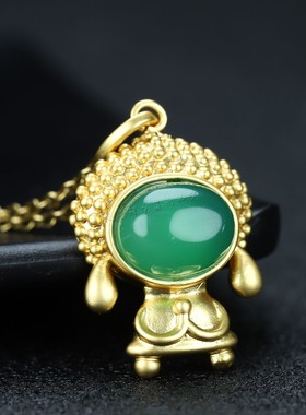 天然A货冰种帝王绿玉髓吊坠宝宝佛镀24k真金挂件女款玛瑙玉石项链