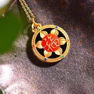 天然和田玉墨玉925银圆牌平面珐琅福字吊坠花形挂件女款玉石项链