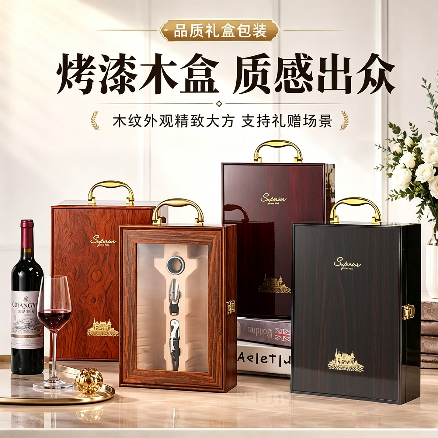 钢琴烤漆木盒高档酒盒双支装木盒图片
