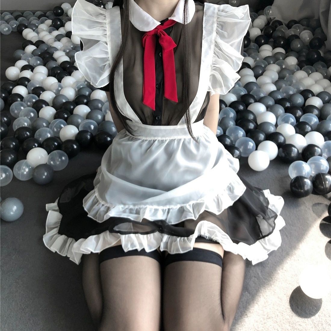 cos绑带围裙网纱透视角色扮演性感女仆制服套装透明黑白情趣loli