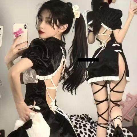 茶艺甜辣抹胸超短裙高开叉旗袍女睡衣风家居服小胸洋装战袍喂老公