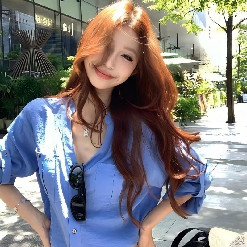 老钱风蓝色立领长袖衬衫夏季薄款