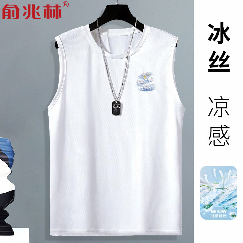 背心男款夏季冰丝防晒休闲无袖t恤小清新白色立体油画风宽肩砍袖