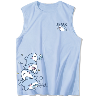 蓝色背心男款清爽卡通小鲨鱼海边度假纯棉坎肩大码胖子休闲汗衫潮