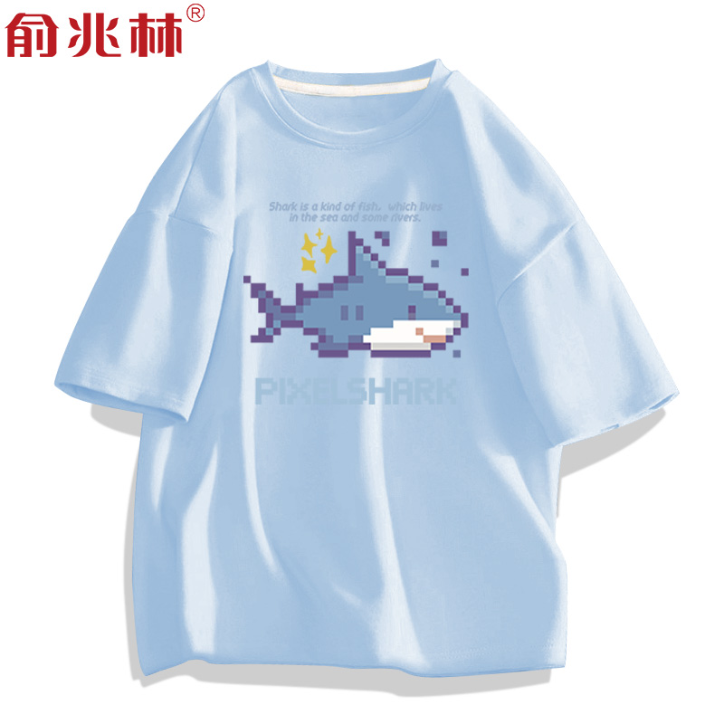 纯棉短袖男夏季青少年像素卡通印花蓝色学生半截袖百搭宽松上衣潮