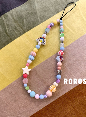 ROROSa夏日彩虹原创ins手机链爱心彩色CCD相机挂绳串珠挂饰挂件