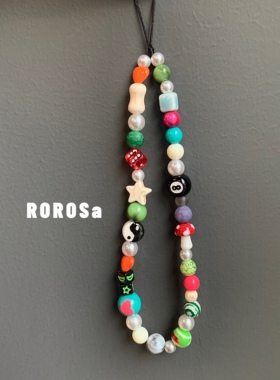 ROROSa美式复古风手机链 欧美ins撞色桌球骰子蘑菇串珠相机挂绳腕
