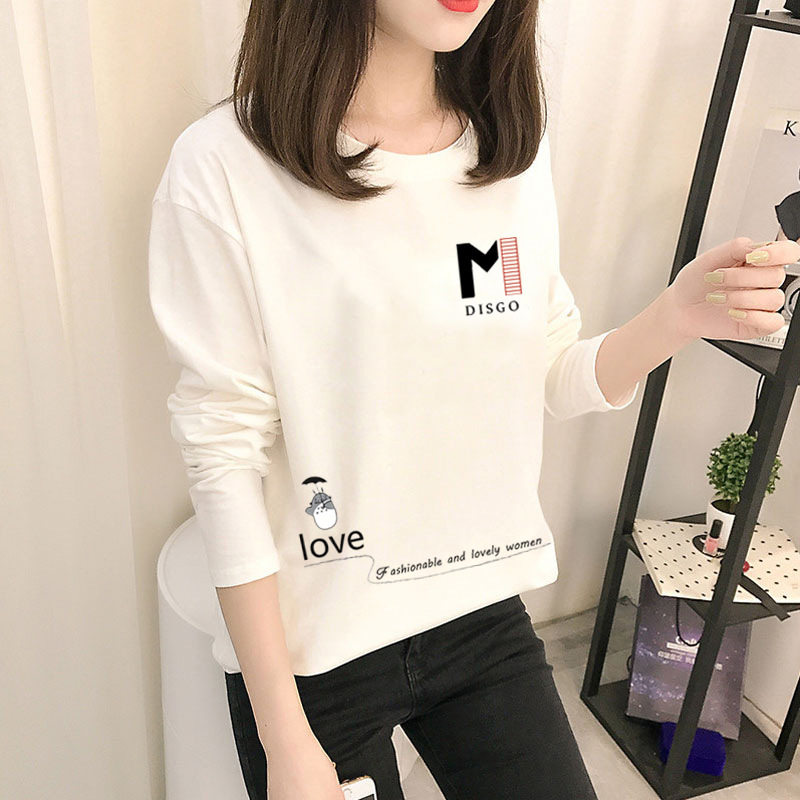 2024春秋韩版爆款女式长袖T恤学生上衣女装圆领体恤卡通气质字母