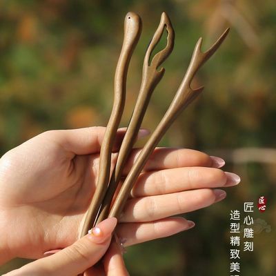 绿檀木发簪新中式高级感古风汉服头饰2024新款盘发簪子主体素簪
