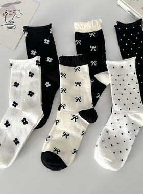 蝴蝶结中筒袜子女士秋季百搭甜美卷边波点小花ins潮少女花边长袜