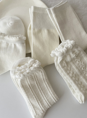 日系白色袜子女中筒jk制服堆堆袜泡泡口花边lolita长袜ins潮夏薄