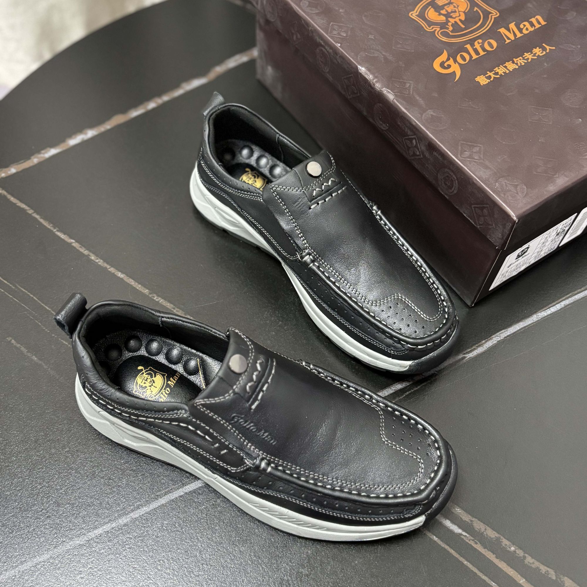 外贸出口美国头层牛皮休闲皮鞋老人头新款高档商务软底一脚蹬男鞋