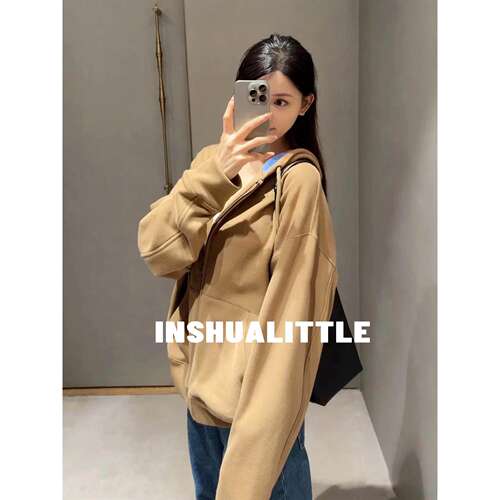 新款刺绣拼色帽衫拉链外套女士