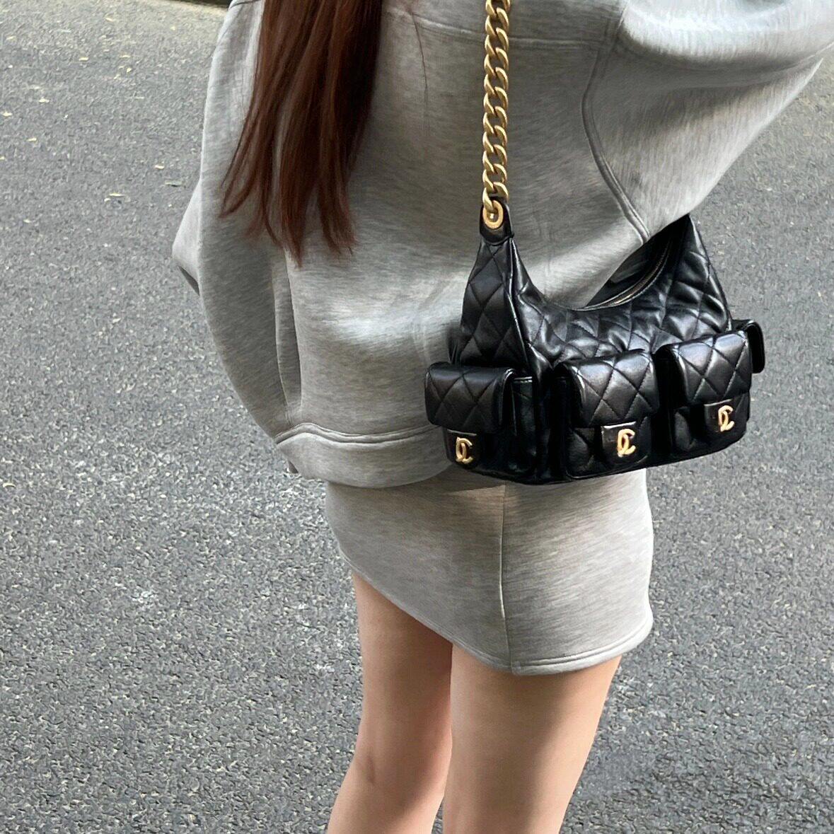 天花板混背 小香风25B 黑色金扣羊皮Hobo单肩手提腋下包女包1213