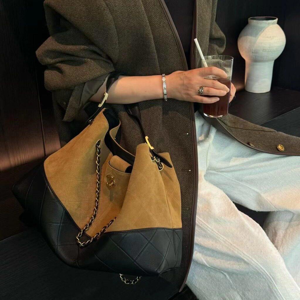 高端现货小香风25a棕色麂皮hobo小号托特包拼皮单肩包女包1219