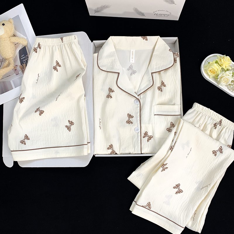 爆款流行睡衣女夏季2025新款云朵棉短袖长裤夏天女士三件套家居服
