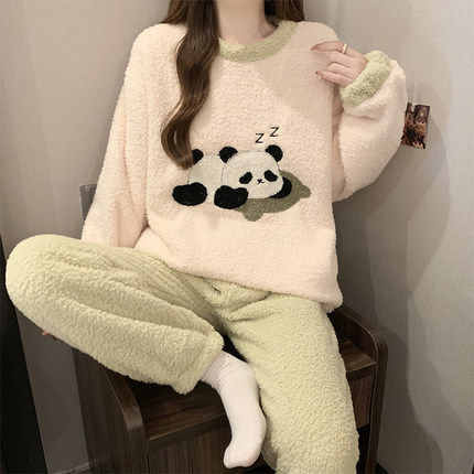 睡衣女秋冬款季初中生加绒加厚卡通少女珊瑚绒可爱甜美家居服套装