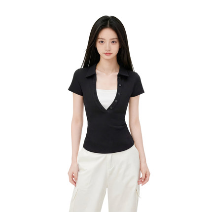 iiimiX黑色假两件polo领t恤女夏季修身紧身正肩短袖上衣2026新款