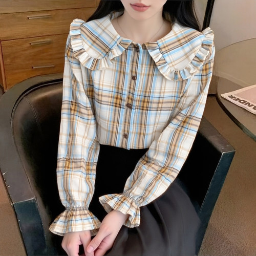 娃娃领格子衬衫女长袖法式上衣