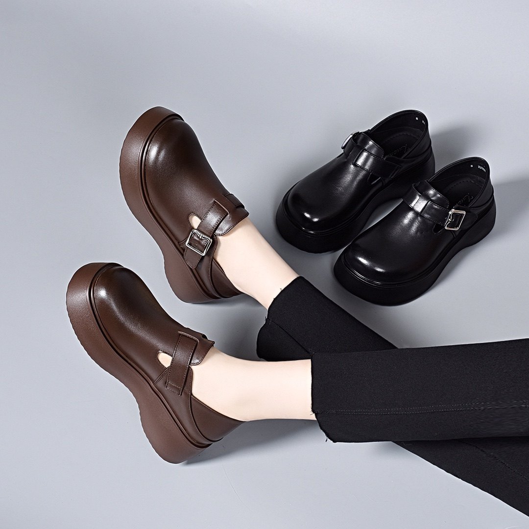 2026年春季新款真皮厚底小皮鞋大头鞋增高女鞋软底轻便深口鞋单鞋,女鞋,深口单鞋,淘宝优惠券,粉丝福利购,淘宝优惠卷