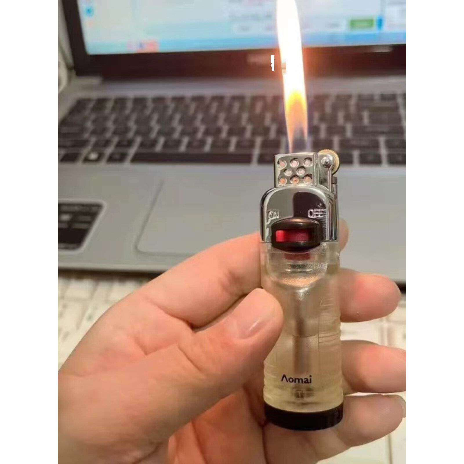 奥麦砂轮可充气明火打火机定火锁火透明大气箱耐用户外个性创意潮