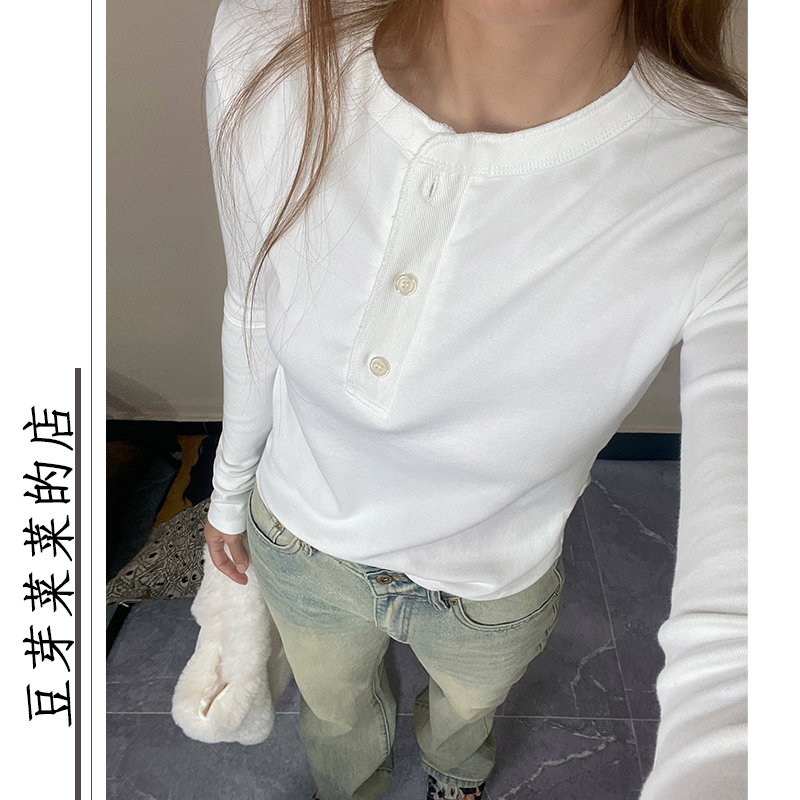 美式复古纯色亨利领长袖T